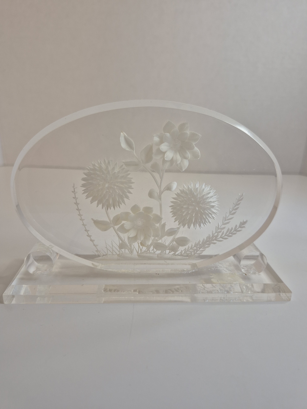 Vintage Oval Lucite Acrylic Plastic Standing Plaque Reverse Carved Flower Art
